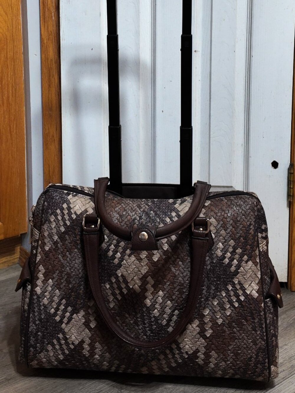 Mellow World Woven Vegan Leather Rolling Duffel Bag Carry On Weekender Brown